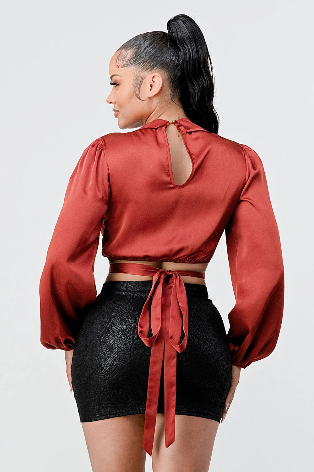 LUX HEAVY SATIN SURPLICE WRAP BACK-TIE CROPPED TOP sold by privy product image thumbnail 2