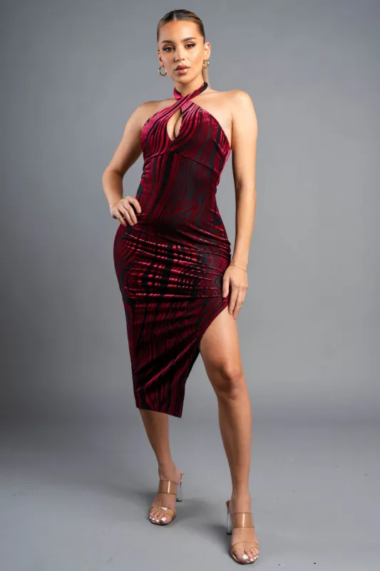 LUXE MESH VELVET BURNOUT HALTER SLITTED MIDI DRESS sold by privy