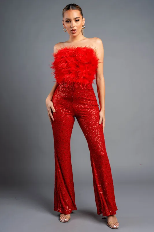 SEXY GLAM FAUX FUR OFF SHOULDER SEQUINS JUMPSUIT made by privy
