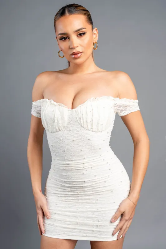 LUXE LACE PEARL RUCHED SWEETHEART MINI DRESS sold by privy