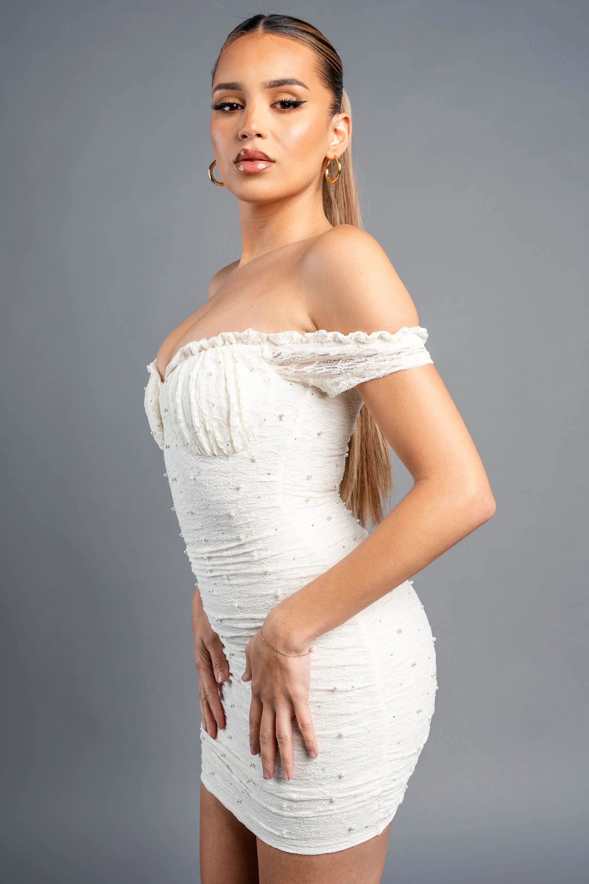 LUXE LACE PEARL RUCHED SWEETHEART MINI DRESS sold by privy product image thumbnail 2