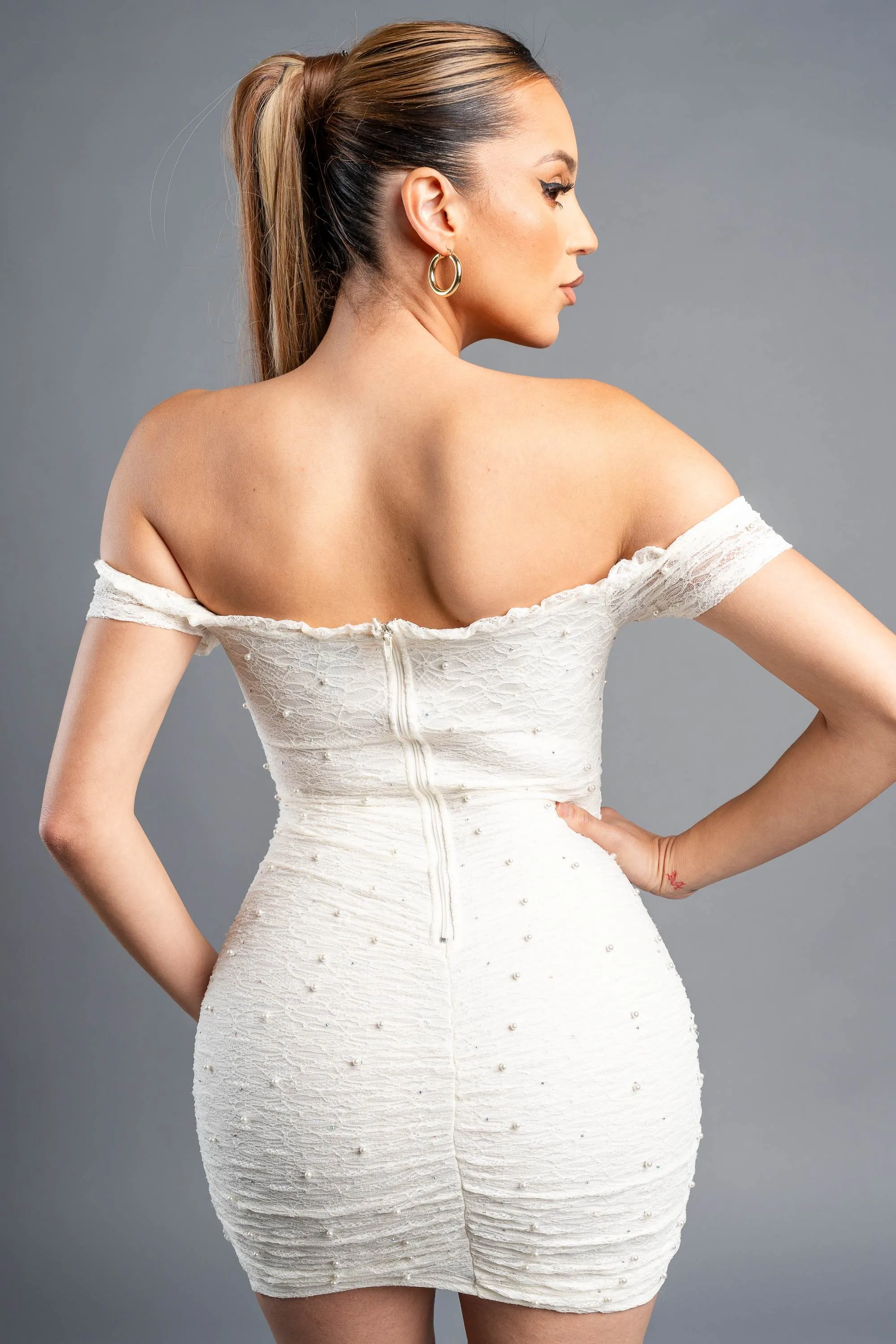 LUXE LACE PEARL RUCHED SWEETHEART MINI DRESS sold by privy product image thumbnail 3