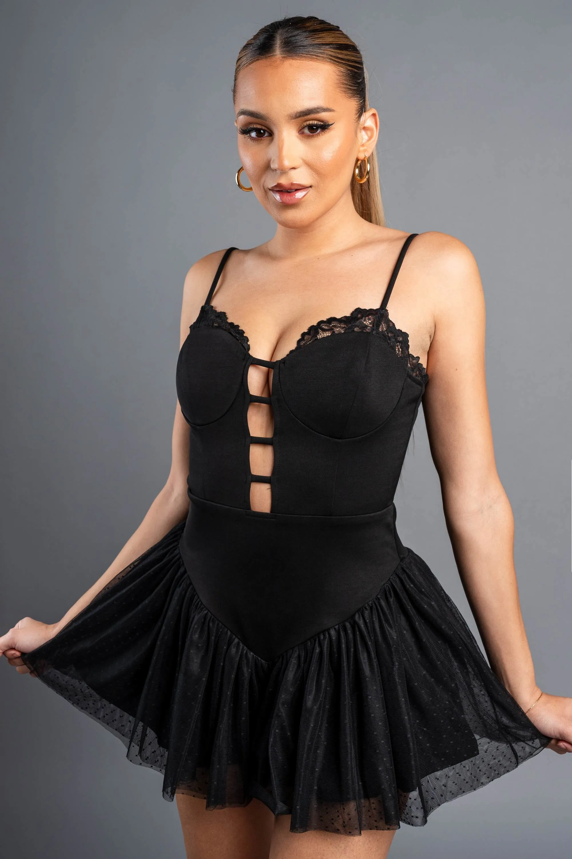 PJ11121B / LUXE LACE TRIM SWEETHEART NYLON TULLE ROMPER sold by privy