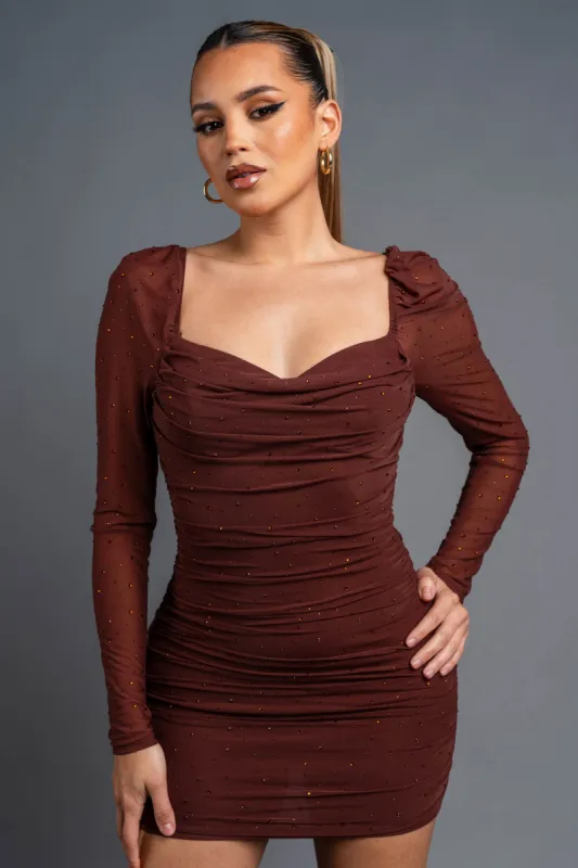 PD77635EST / LUXE MESH HOTFIXS STONES COWL NECK MINI DRESS sold by privy