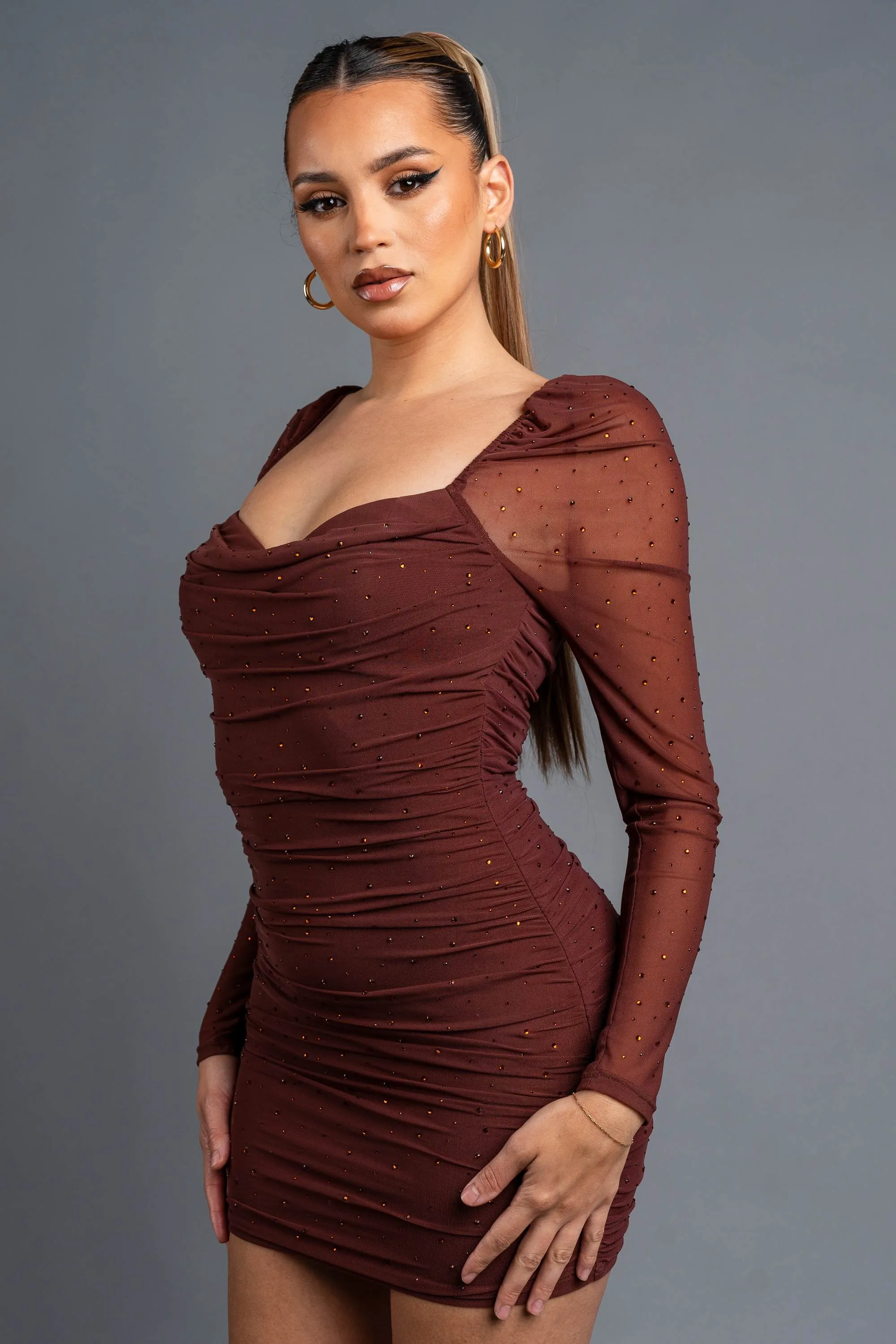 PD77635EST / LUXE MESH HOTFIXS STONES COWL NECK MINI DRESS sold by privy product image thumbnail 2