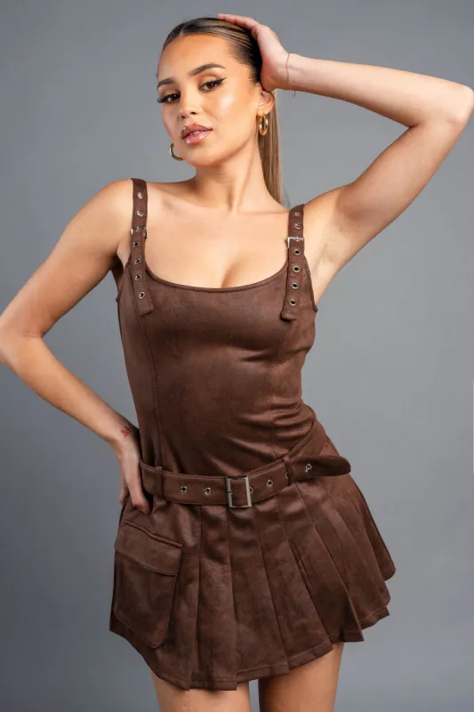SUEDE MARBLE BUCKLE STRAPS PLEATED HEM MINI DRESS sold by privy
