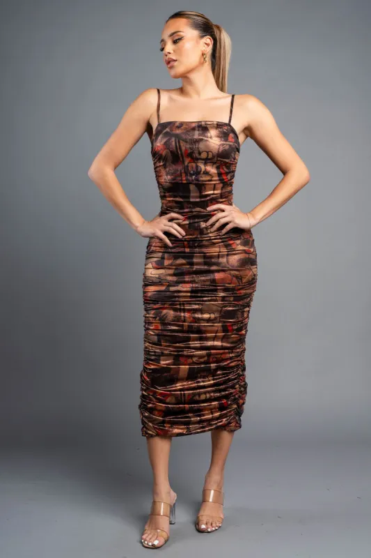 CHIC ABSTRACT PRINT FOILED RUCHED MIDI DRESS sold by privy