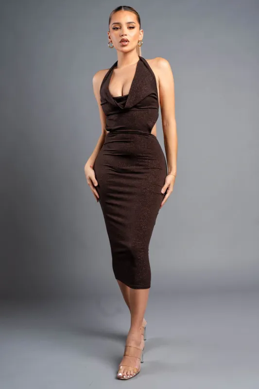 MPD1436-W / LUXE ITY GLITTER COWL HALTER NECK MIDI DRESS sold by privy