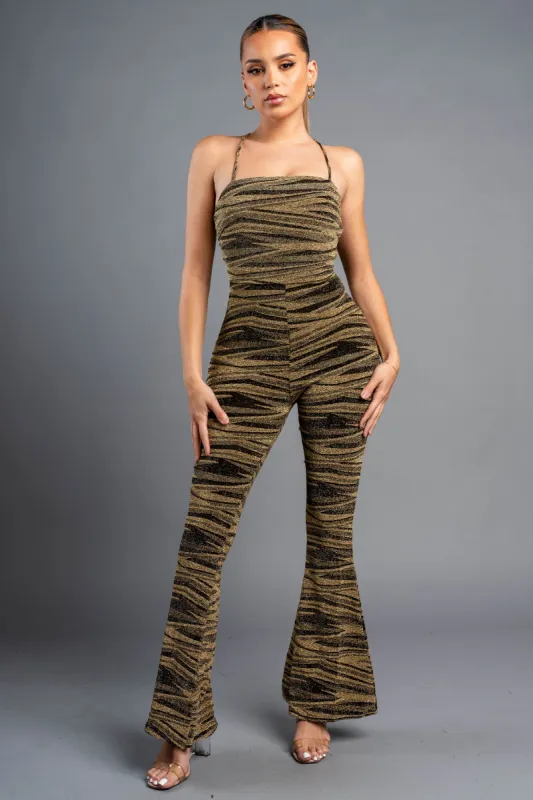 SEXY NYLON LUREX PRINTED DRAWSTRING BACK JUMPSUIT sold by privy