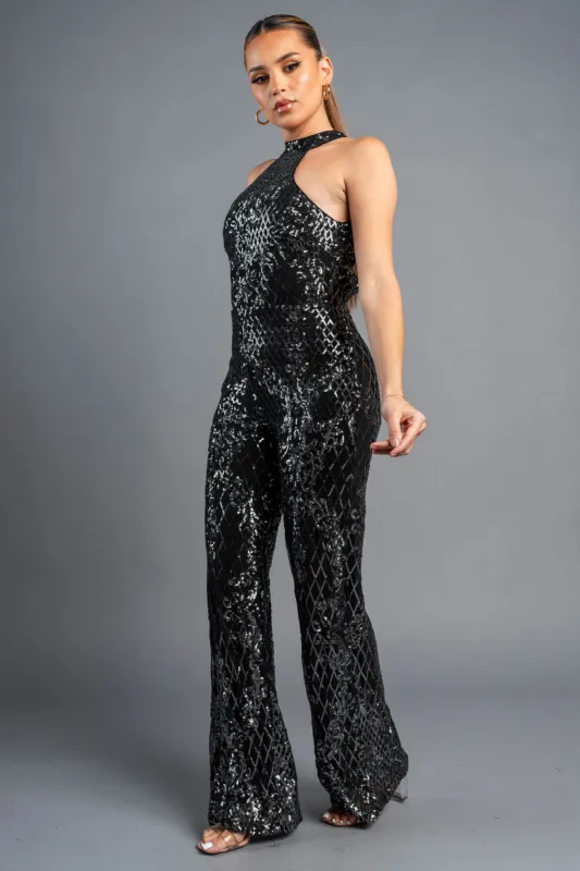 LUXE SEQUINS HALTER MOCK NECK WIDE LEGS JUMPSUIT sold by privy