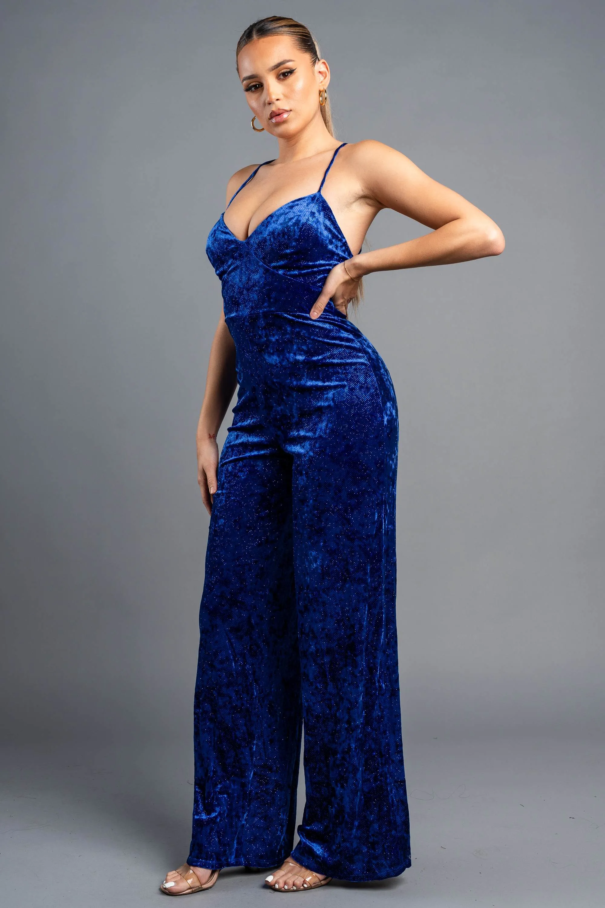 CHIC VELVET GLITTER DRAWSTRING LACE BACK JUMPSUIT sold by privy product image thumbnail 2