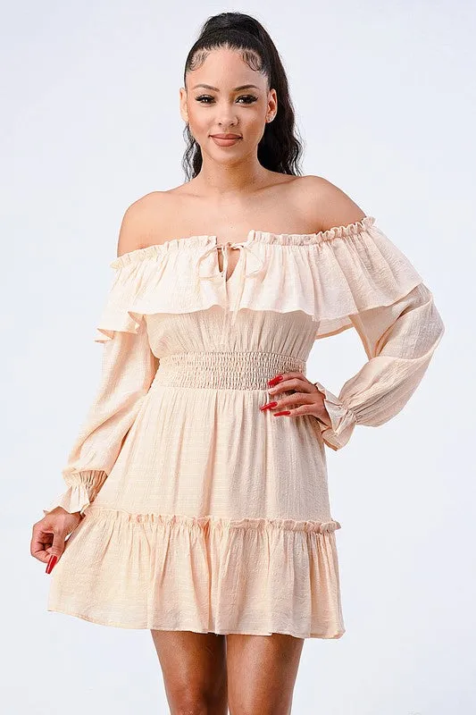 PD71832S-W / CHIFFON OFF SHOULDER RUFFLED SMOCKED MINI DRESS sold by privy product image thumbnail 5
