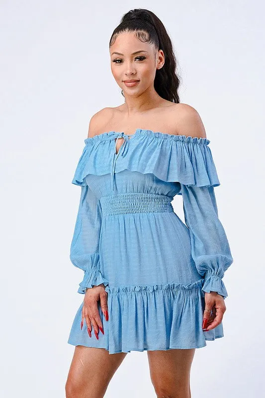 PD71832S-W / CHIFFON OFF SHOULDER RUFFLED SMOCKED MINI DRESS sold by privy product image thumbnail 2
