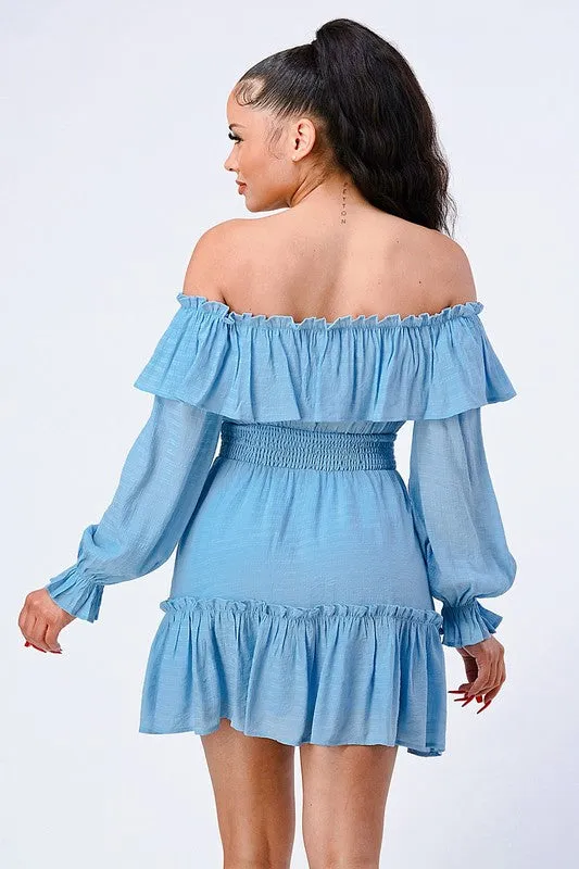 PD71832S-W / CHIFFON OFF SHOULDER RUFFLED SMOCKED MINI DRESS sold by privy product image thumbnail 3