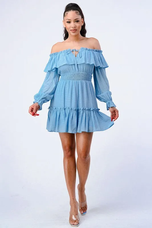 PD71832S-W / CHIFFON OFF SHOULDER RUFFLED SMOCKED MINI DRESS sold by privy product image thumbnail 4