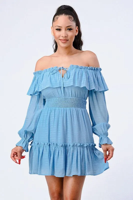 PD71832S-W / CHIFFON OFF SHOULDER RUFFLED SMOCKED MINI DRESS sold by privy