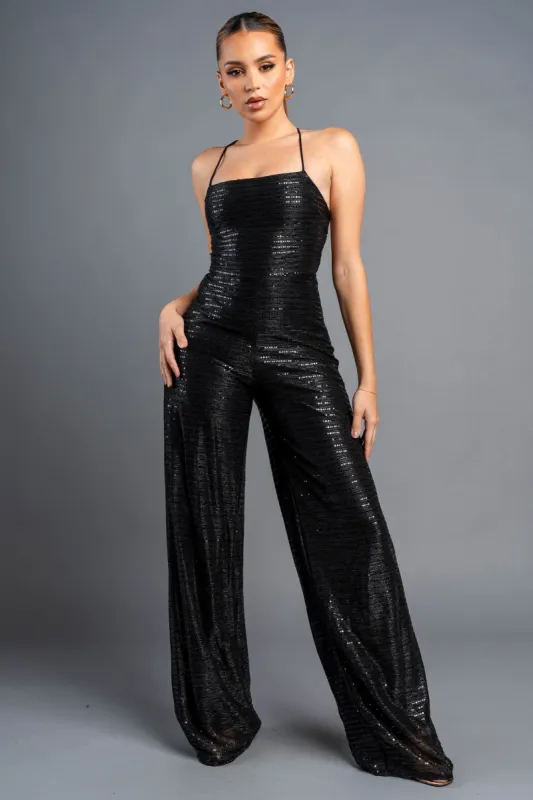 GLAM SEQUINS DRAWSTRING LACE BACK JUMPSUIT sold by privy
