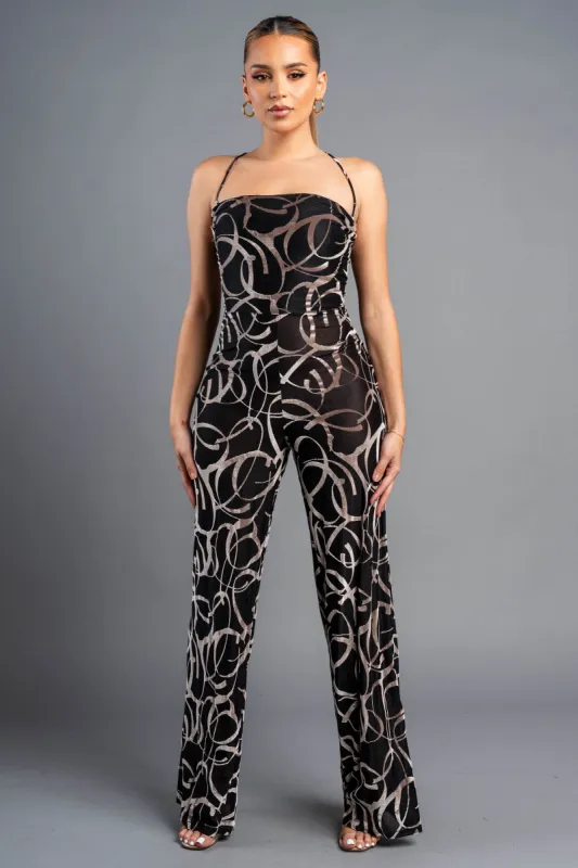 CHIC MESH BURNOUT FLOCKING CROSSED BACK JUMPSUIT sold by privy