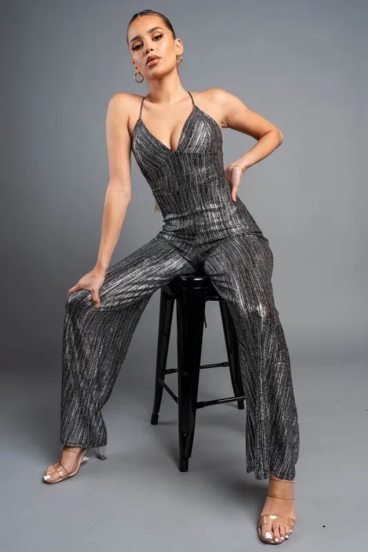 GLAM STRIPED GLITTER SWEETHEART WIDE LEGS JUMPSUIT sold by privy