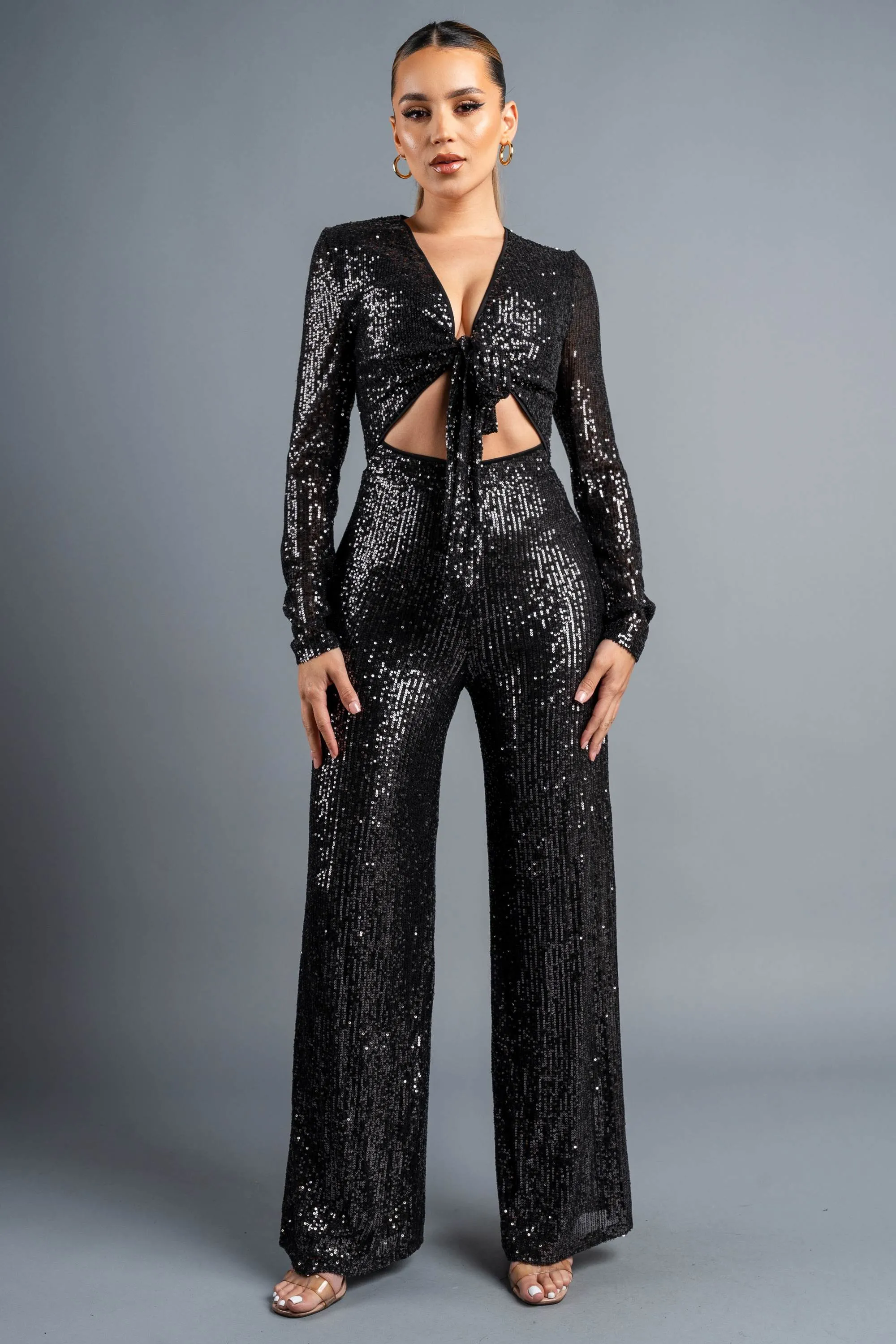 GLAM SEQUINS KNOT TIE FRONT CUTOUT JUMPSUIT sold by privy product image thumbnail 5