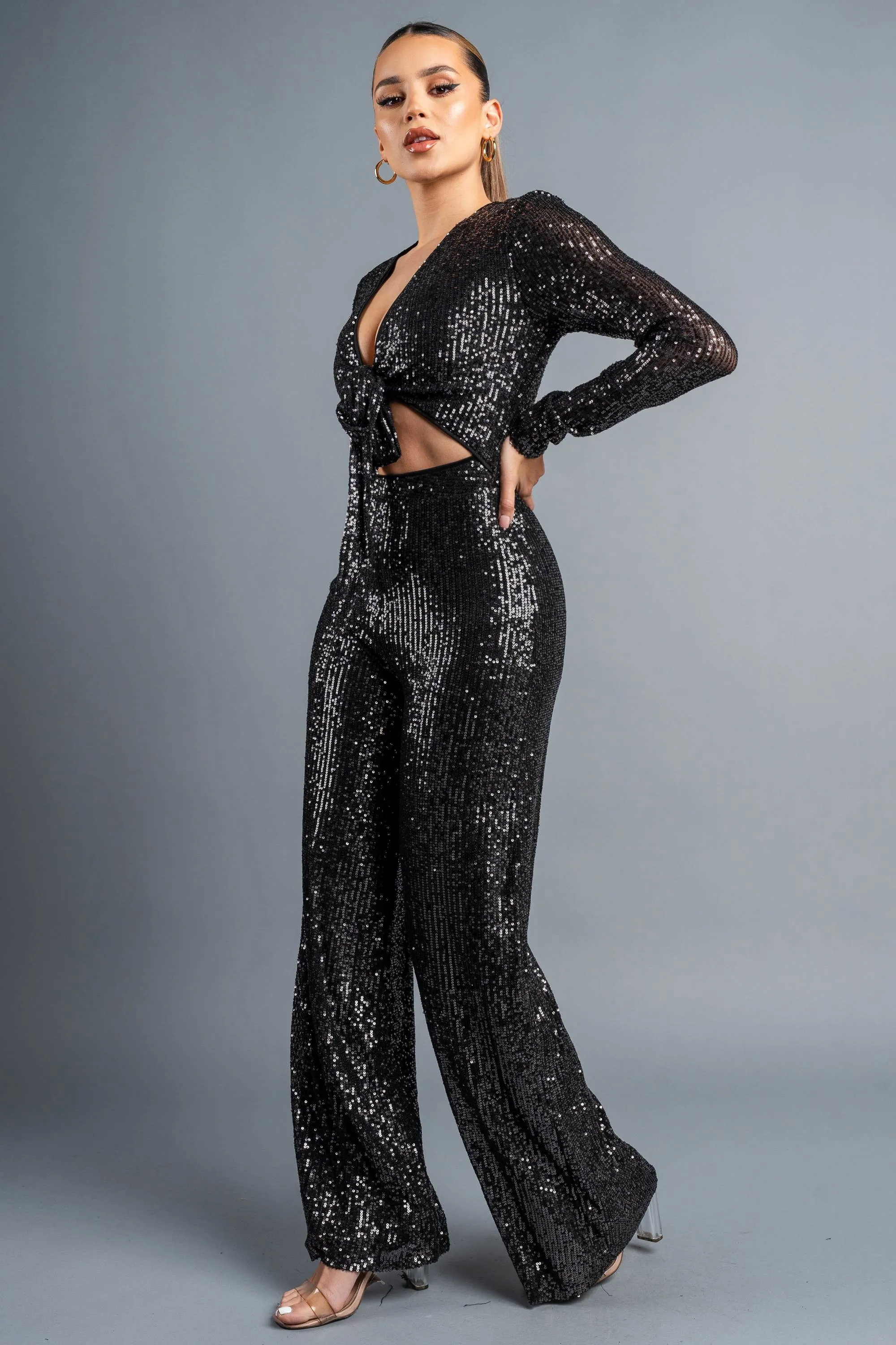 GLAM SEQUINS KNOT TIE FRONT CUTOUT JUMPSUIT sold by privy product image thumbnail 3
