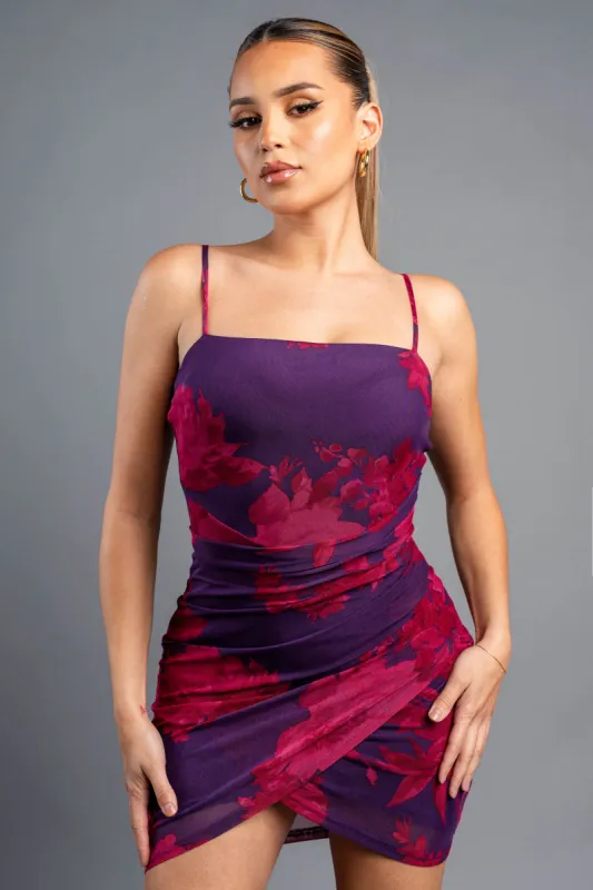 PD74282B-W / MESH FLORAL PRINT TULIP HEM BODYCON MINI DRESS sold by privy