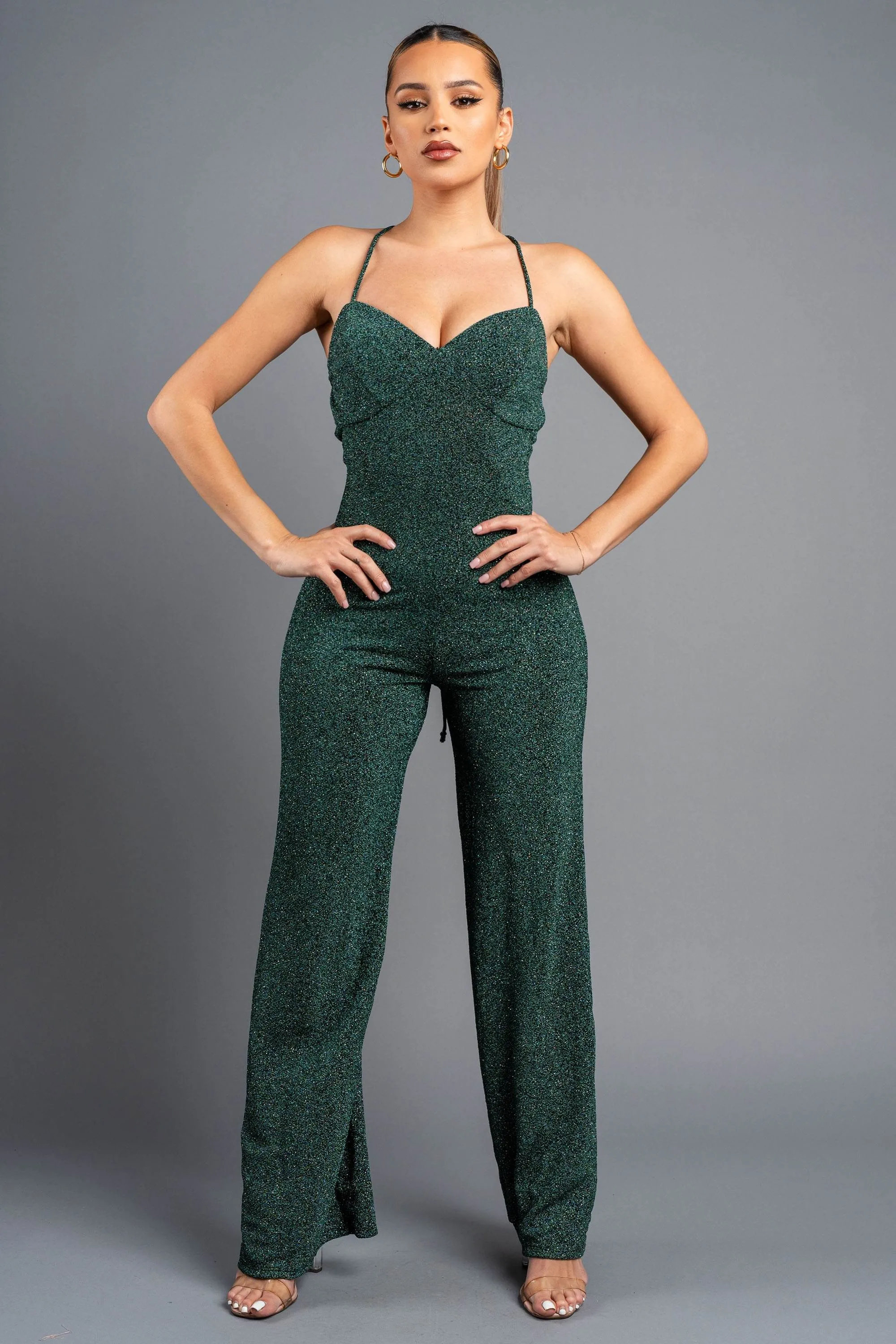 MPJ9048 / CHIC METALLIC GLITTER DRAWTRING WIDE LEGS JUMPSUIT sold by privy