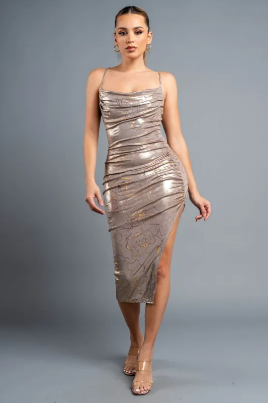 SEXY STRETCH METALLIC FLORAL PRINT FOIL MIDI DRESS sold by privy