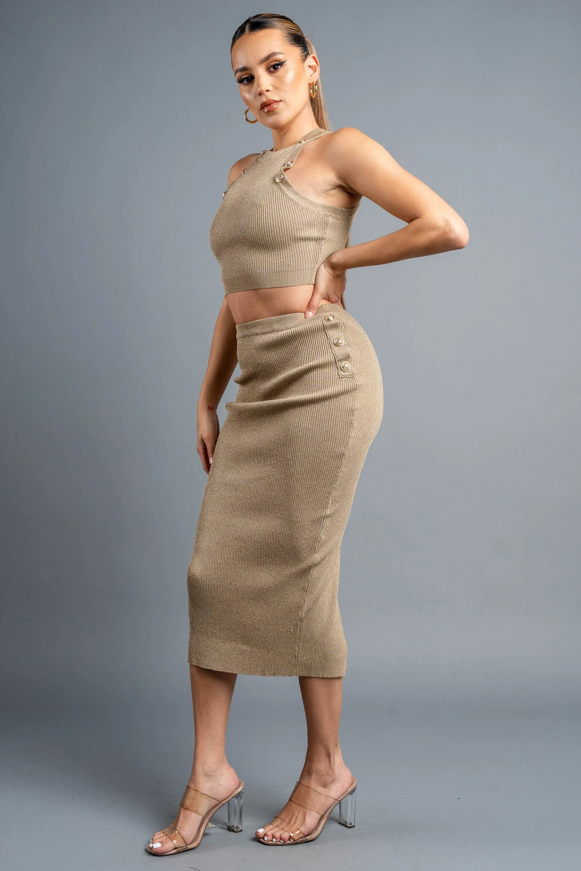 LUXE METALLIC KNIT GOLD BUTTON TRIM TOP & SKIRT sold by privy product image thumbnail 2