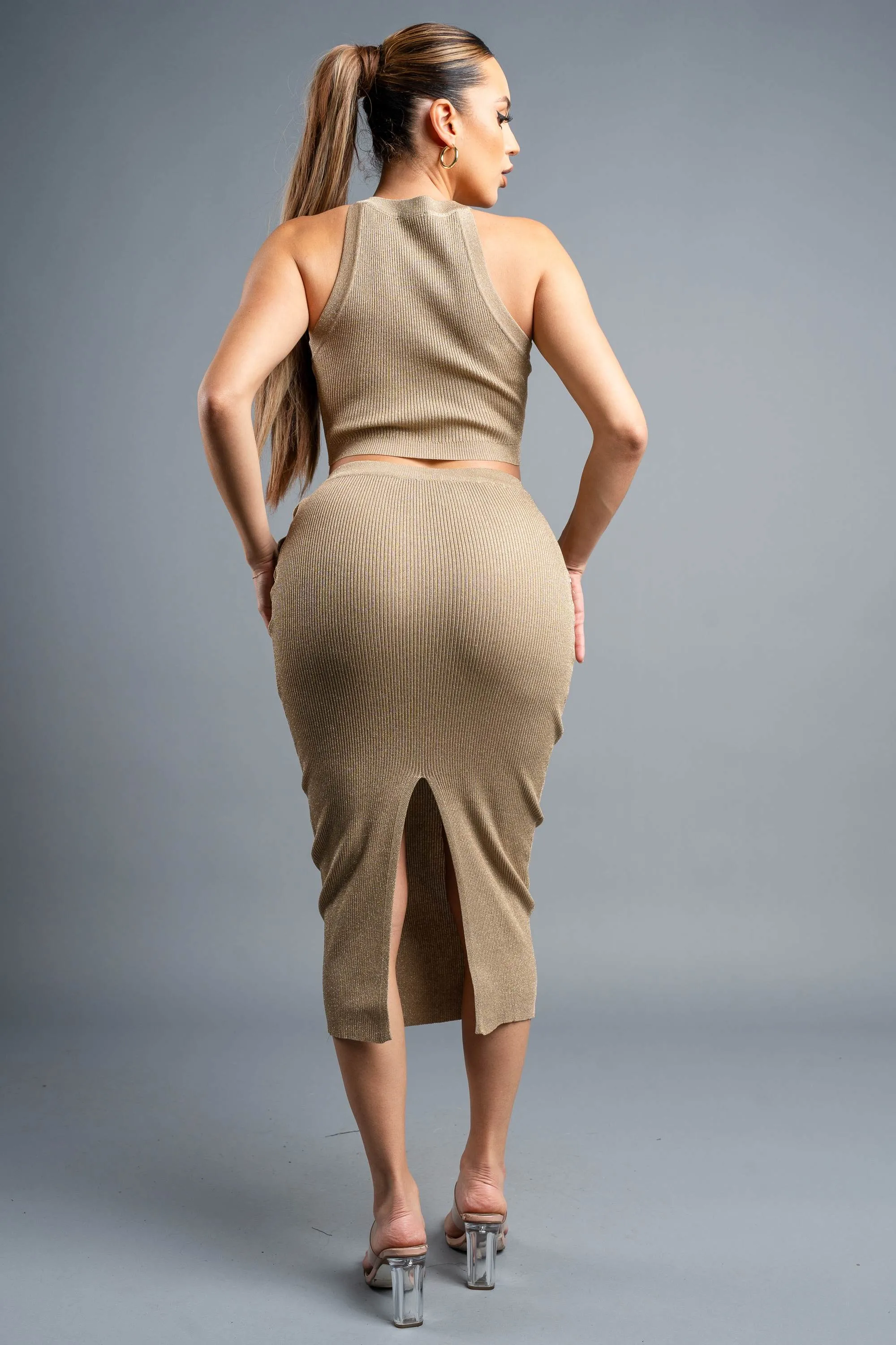 LUXE METALLIC KNIT GOLD BUTTON TRIM TOP & SKIRT sold by privy product image thumbnail 3