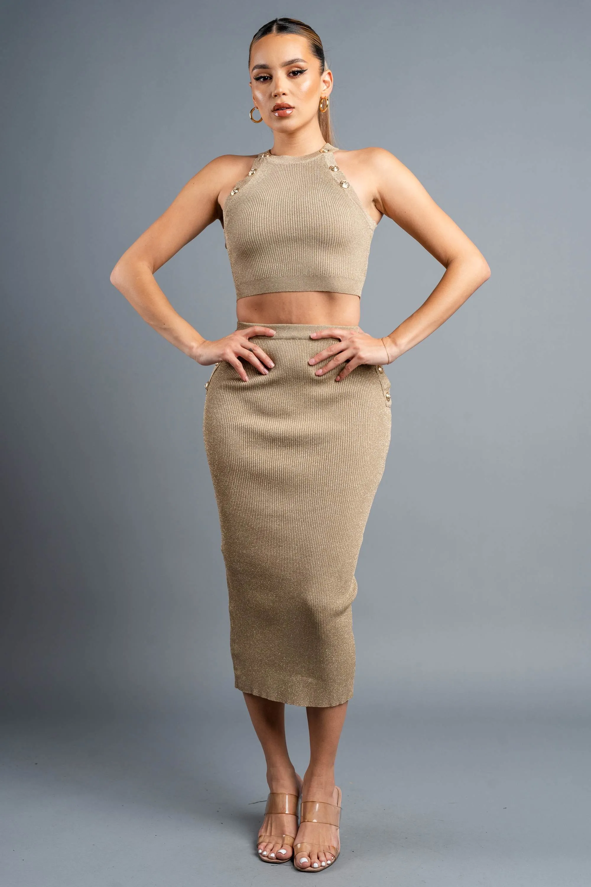 LUXE METALLIC KNIT GOLD BUTTON TRIM TOP & SKIRT sold by privy product image thumbnail 4