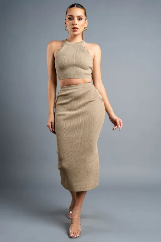 LUXE METALLIC KNIT GOLD BUTTON TRIM TOP & SKIRT sold by privy