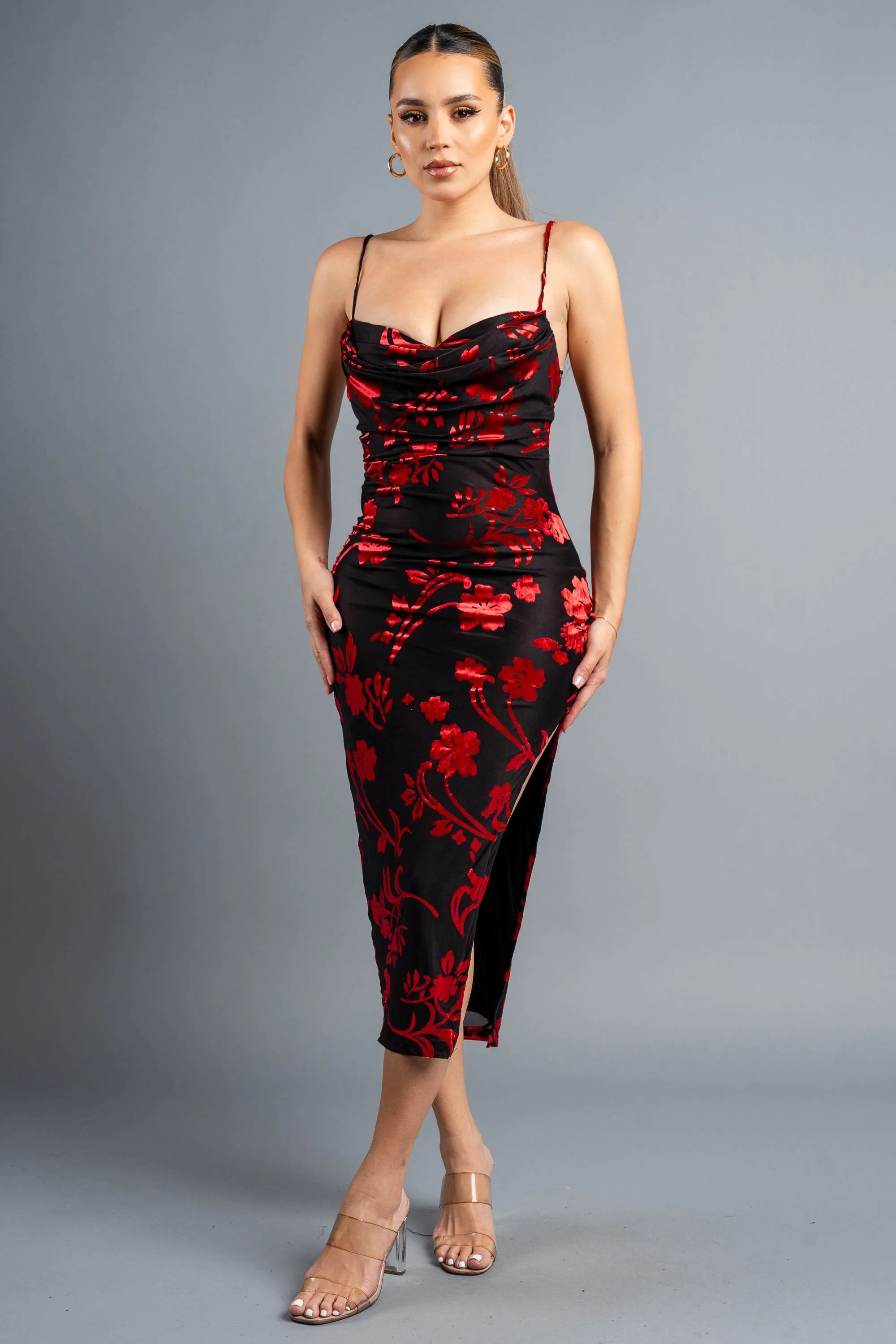 SEXY FLORAL MESH VELVET FLOCKING MIDI DRESS sold by privy