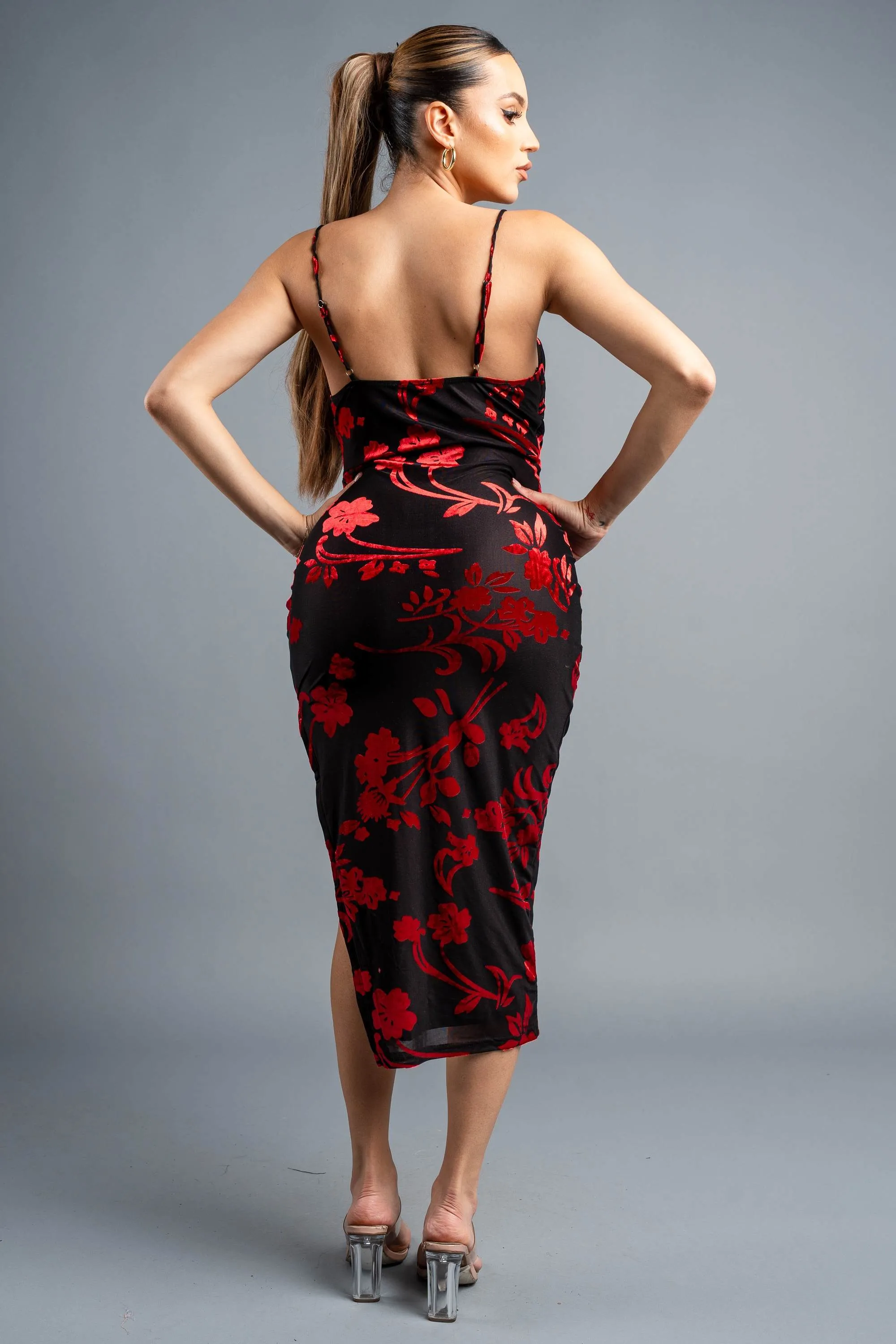 SEXY FLORAL MESH VELVET FLOCKING MIDI DRESS sold by privy product image thumbnail 3