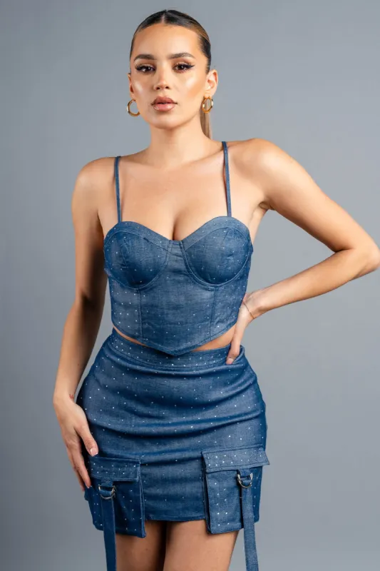 RHINESTONE STRETCH DENIM BUSTIER & MINI SKIRT SETS sold by privy