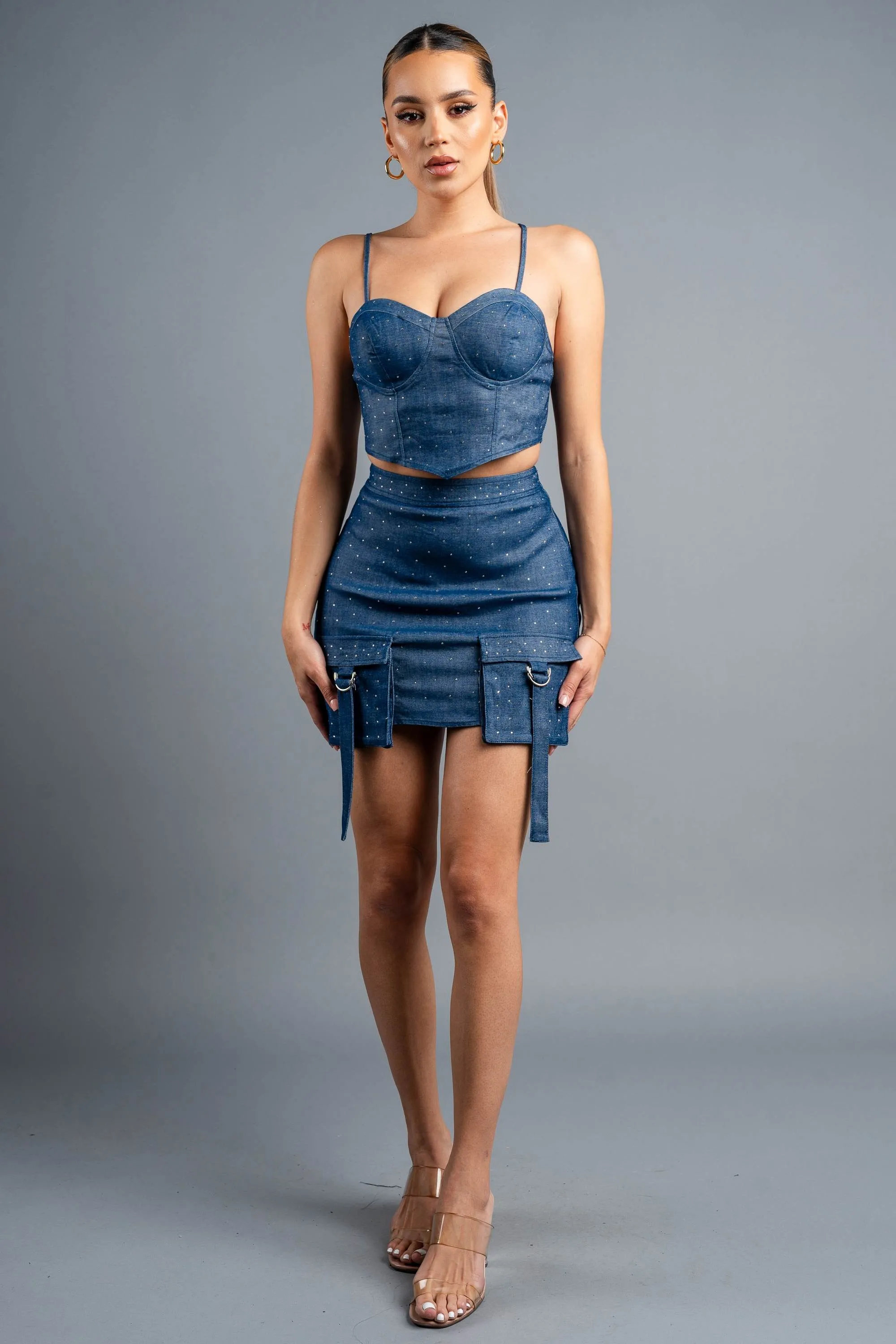 RHINESTONE STRETCH DENIM BUSTIER & MINI SKIRT SETS sold by privy product image thumbnail 5