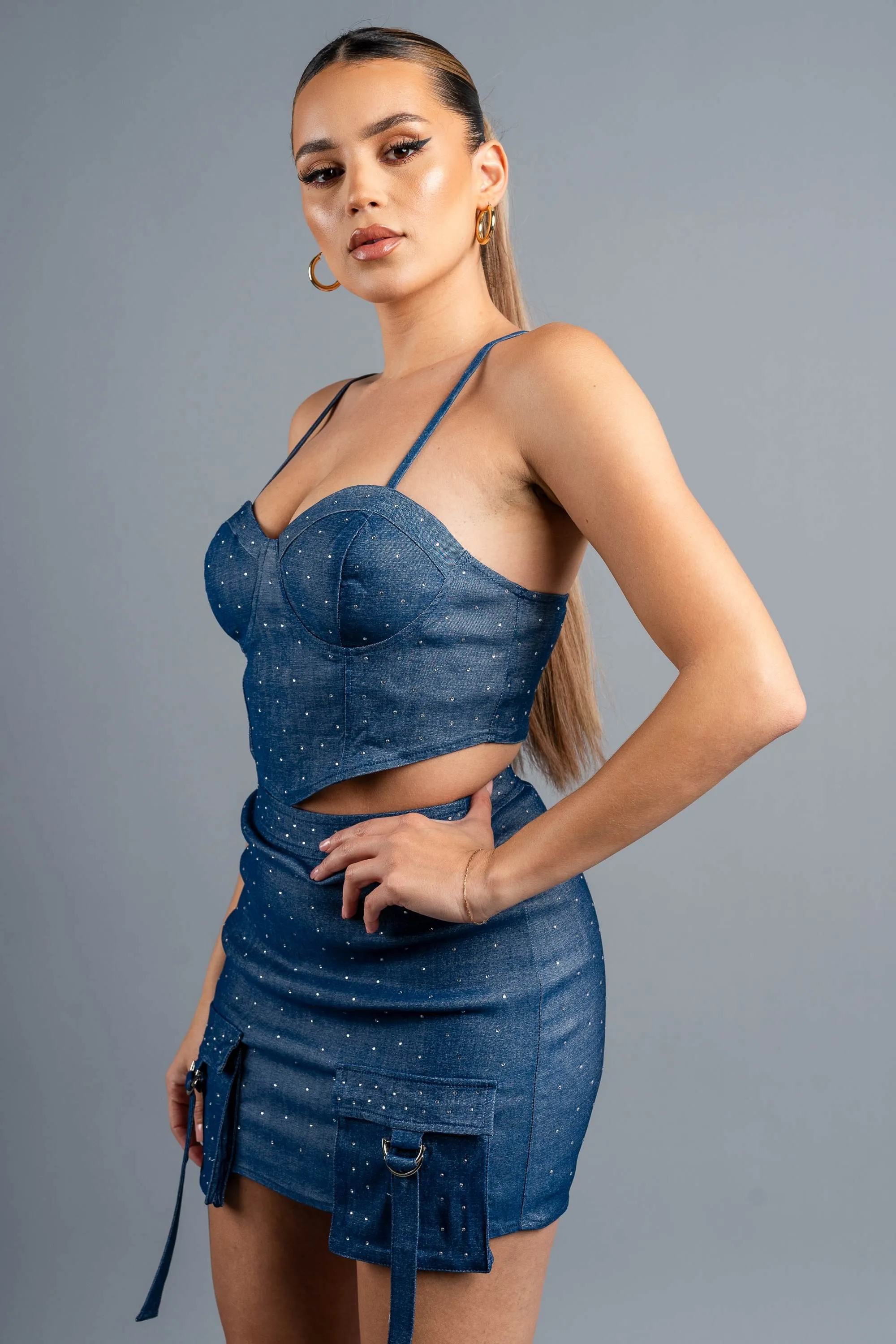 RHINESTONE STRETCH DENIM BUSTIER & MINI SKIRT SETS sold by privy product image thumbnail 3
