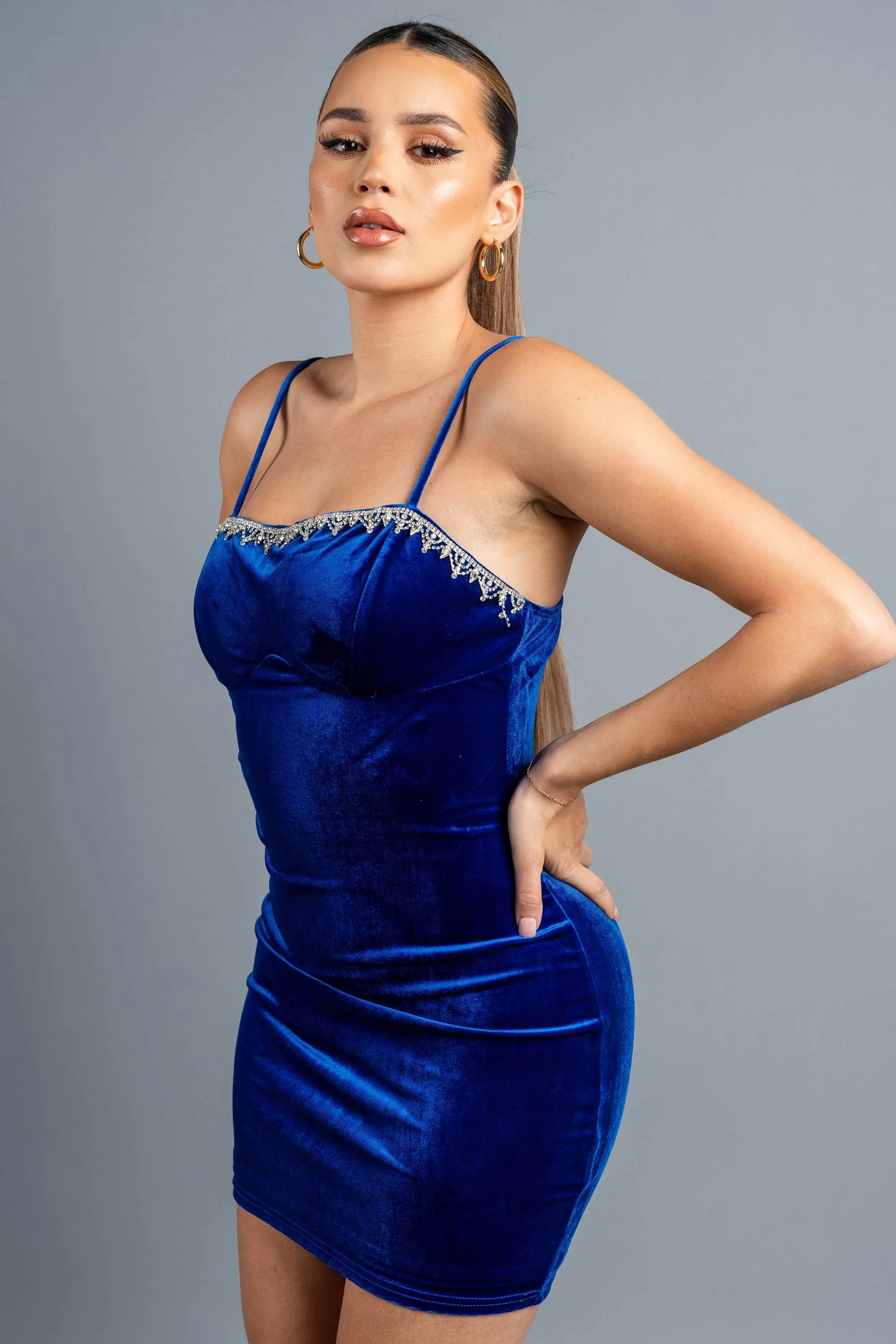 LUXE VELVET RHINESTONES JEWELED TRIM MINI DRESS sold by privy product image thumbnail 2