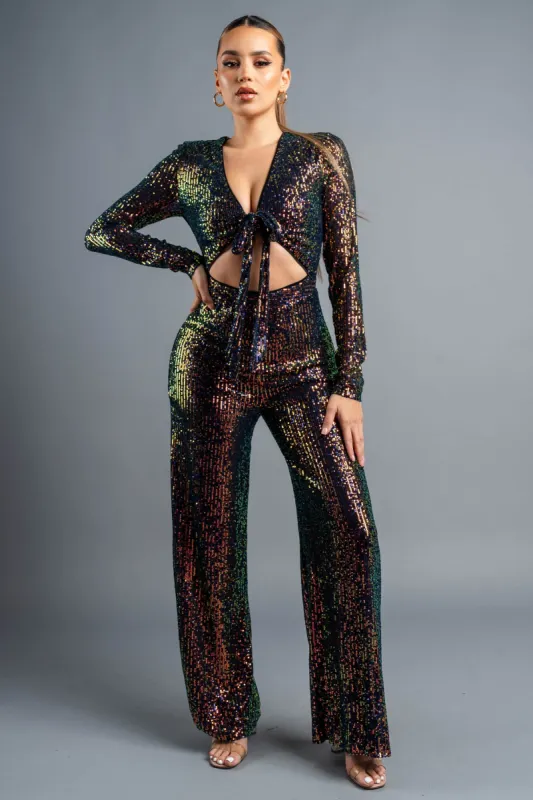 GLAM SEQUINS KNOT TIE FRONT CUTOUT JUMPSUIT sold by privy