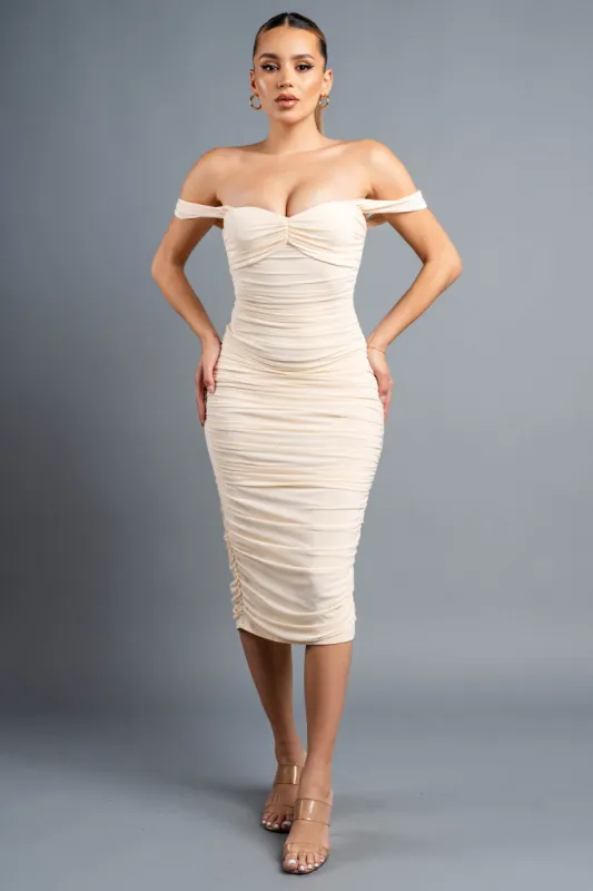 PD77959N / LUXE GLITTER MESH OFF SHOULDER RUCHED MIDI DRESS sold by privy