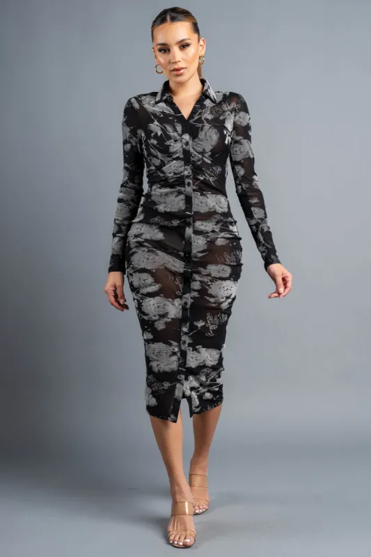 CHIC FLORAL FLOCKING MESH BUTTON DOWN MIDI DRESS sold by privy