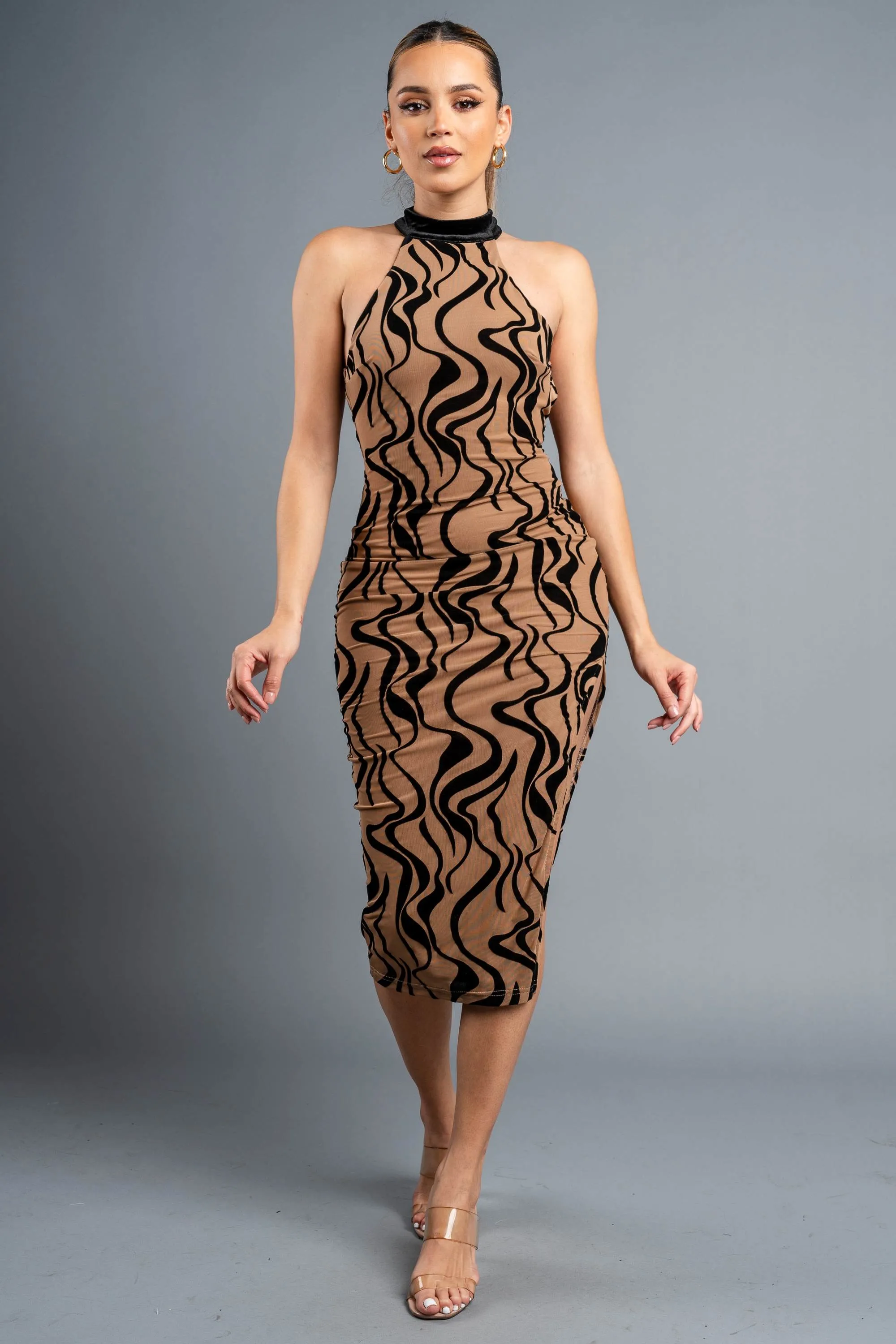 LUXE VELVET FLOCKING HALTER MOCK NECK MIDI DRESS sold by privy