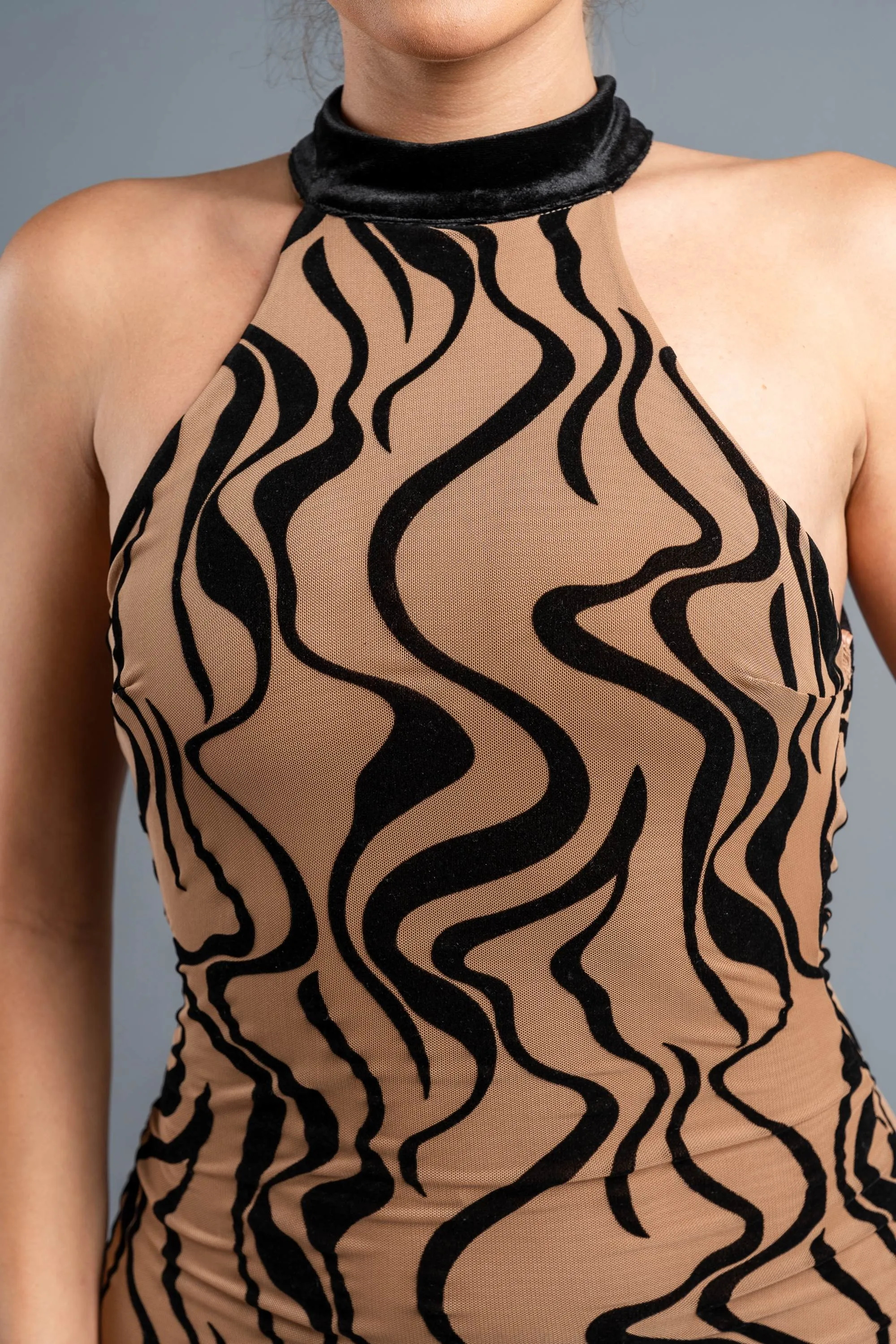 LUXE VELVET FLOCKING HALTER MOCK NECK MIDI DRESS sold by privy product image thumbnail 5