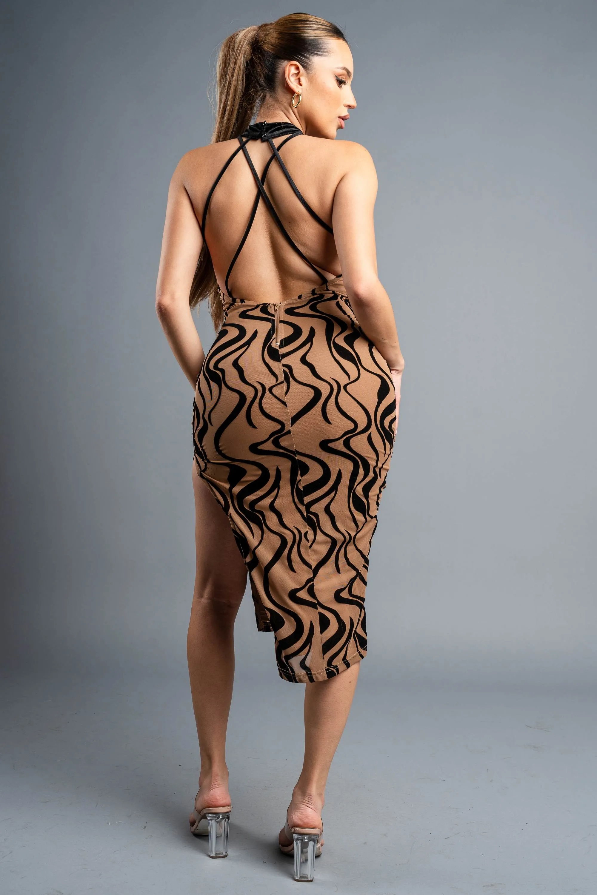 LUXE VELVET FLOCKING HALTER MOCK NECK MIDI DRESS sold by privy product image thumbnail 3