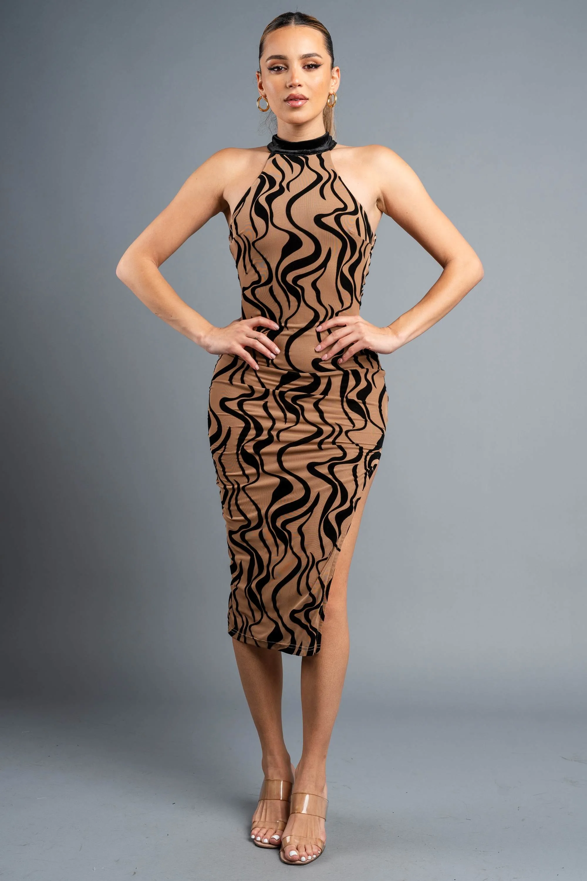 LUXE VELVET FLOCKING HALTER MOCK NECK MIDI DRESS sold by privy product image thumbnail 4