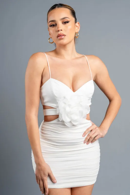 LUXE ROSETTE FLOWER WITH SIDE CUTOUTS MINI DRESS sold by privy