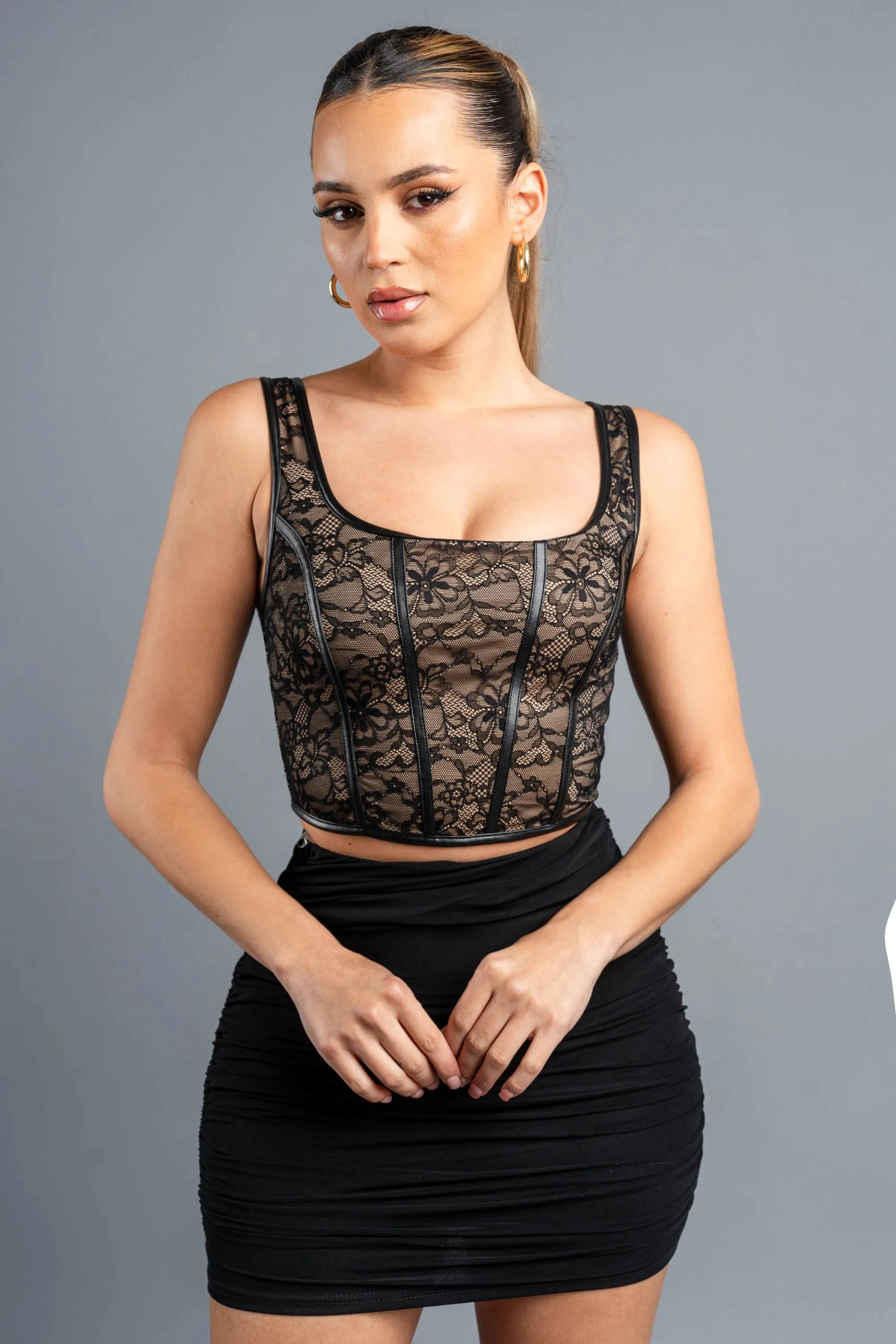 LUXE LACE CONTRAST SQUARE NECK CROPPED TANK TOP sold by privy