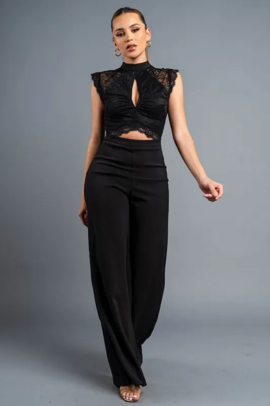 LUXE STRETCH WOVEN LACE KEYHOLE WIDE LEGS JUMPSUIT sold by privy