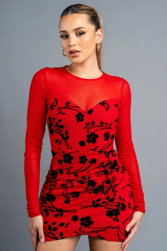 FLORAL FLOCKING ROUND NECK BODYCON MINI DRESS sold by privy