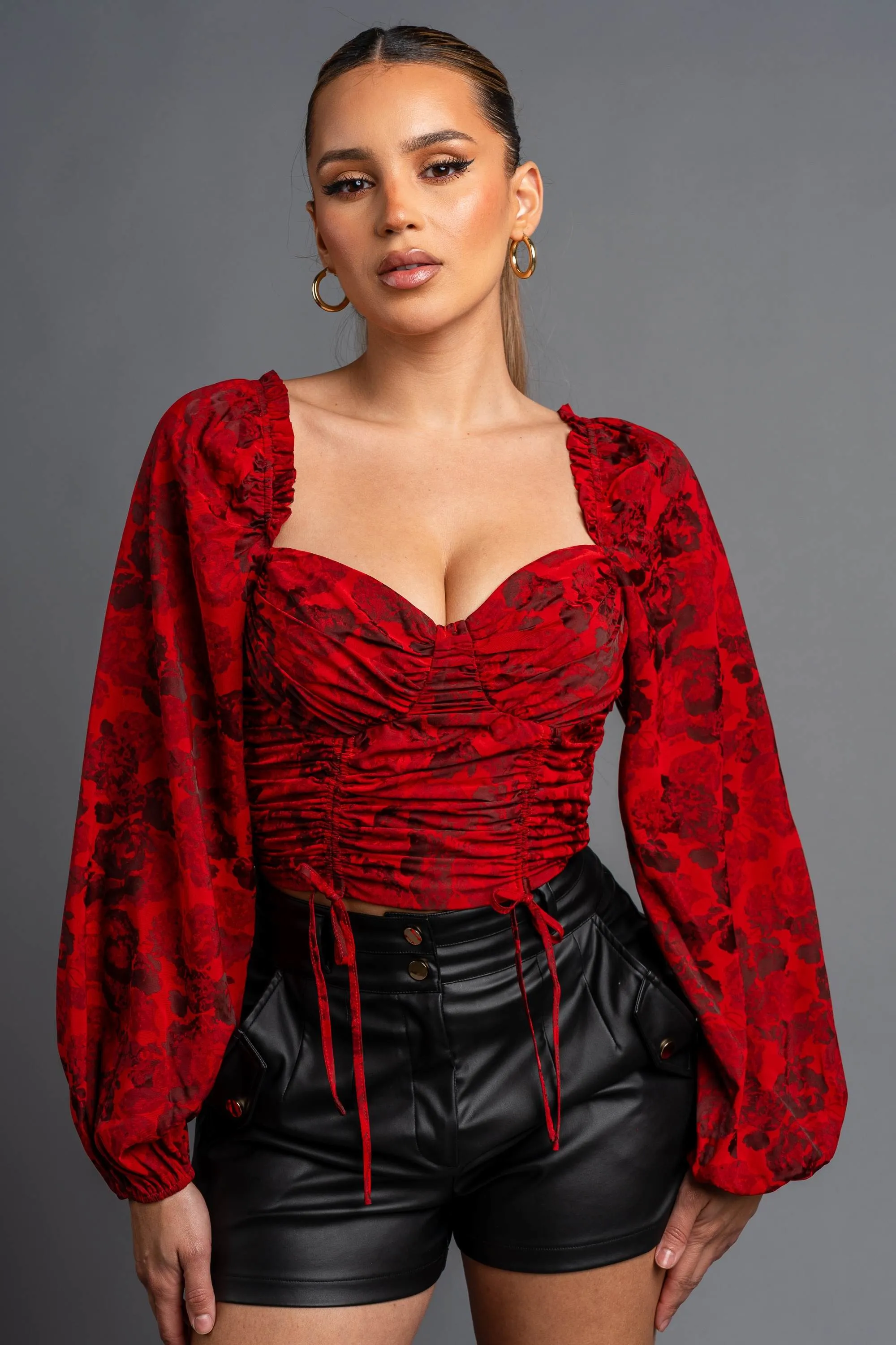 ROMANTIC FLORAL SWEETHEART SMOCKED BACK CROPPED TOP sold by privy